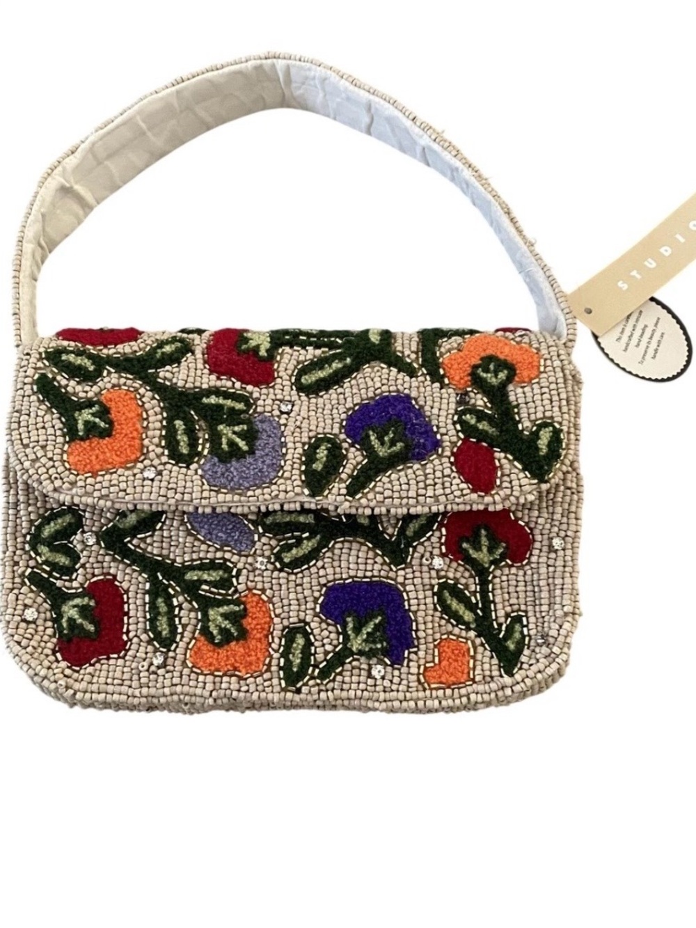 NWT Studio 12 Handcrafted Glass Beaded Floral Flap Shoulder Bag
